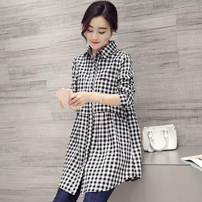 Plus Size Korean Fashion Blouses Plaid Button Solid Midi Autumn Shirt Female All-match Loose Long Sleeve Polo-Neck Blouse