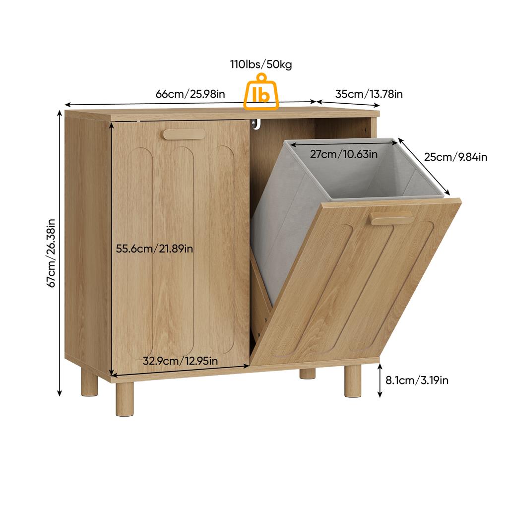 Tiltable Laundry Basket with Removable Laundry Basket, Concealed, Bathroom Storage Cabinet, Freestanding Storage Shelf for Home, Oak Color