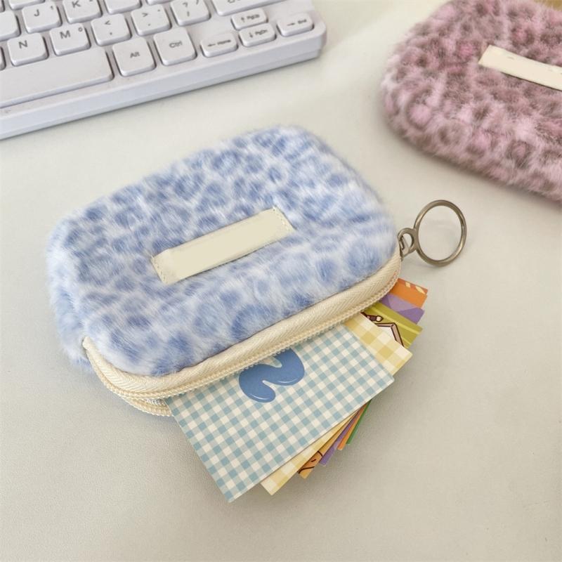 Plush Leopard Print Multifunctional Storage Pouch with Smooth Zippers for Organizing ID Cards Coin Keys and Small Items
