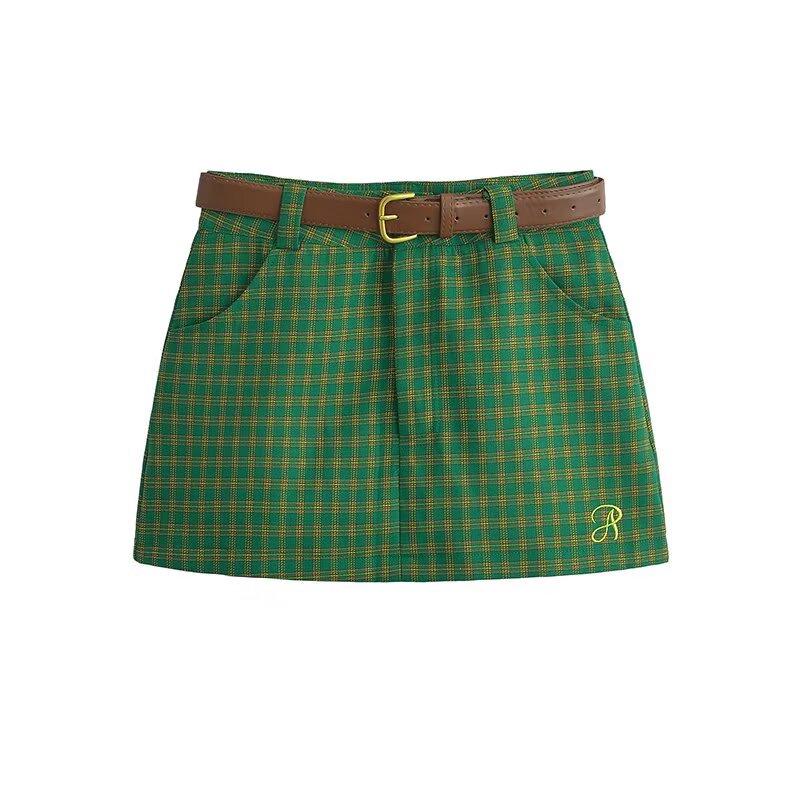 Korean Retro Plaid Short Skirt with Letter Embroidery - Women's Slimming A-line Style