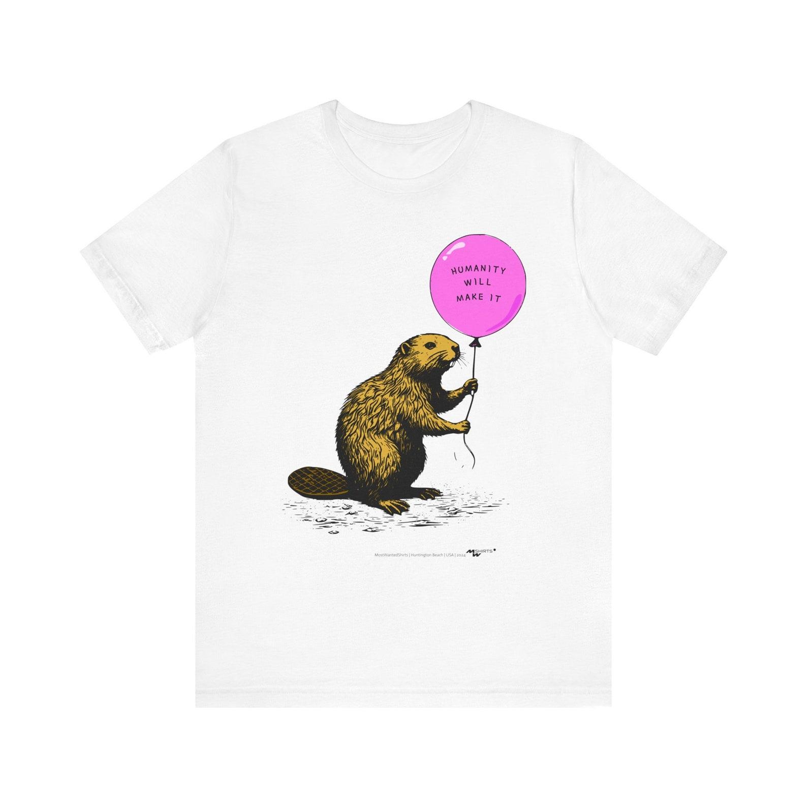 Beaver with Balloon T-Shirt - Copper Engraving Vintage Style/ Unisex Jersey Short Sleeve Tee L