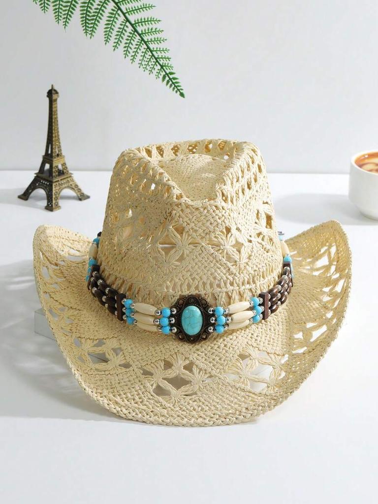 Unisex Straw Cowboy Hat With Turquoise Beaded Band Hollow Crochet Sun Hat For Summer Beach Travel