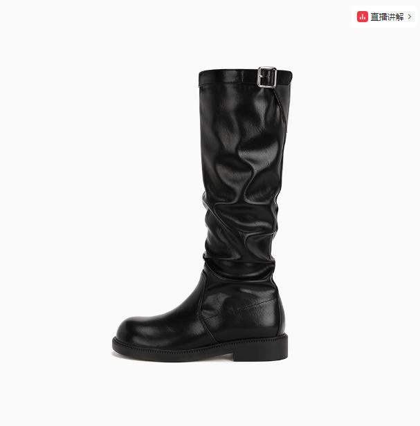 

Cowhide~ Su Yinyin Korean pleated buckle belt thick heel stack knight boots medium tube thin long boots genuine leather women s short boots 35