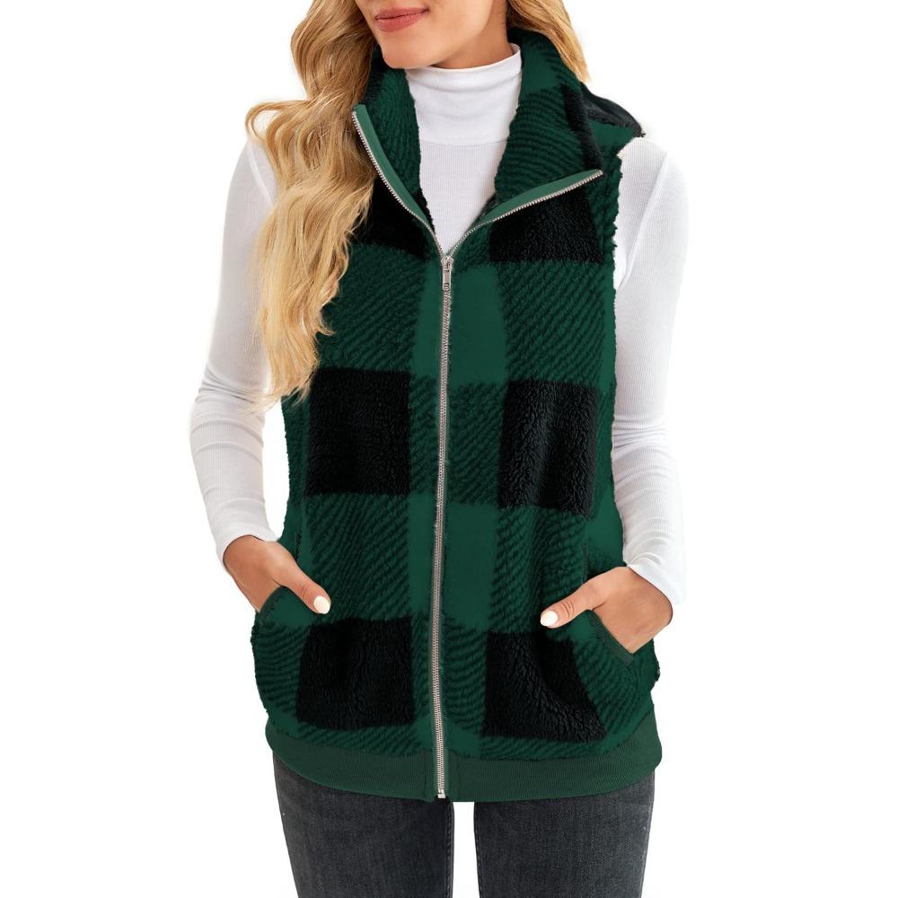 Women's Stand Collar Sleeveless Plaid Fleece Vest Loose Fit Casual Zip Up Gilet Outerwear