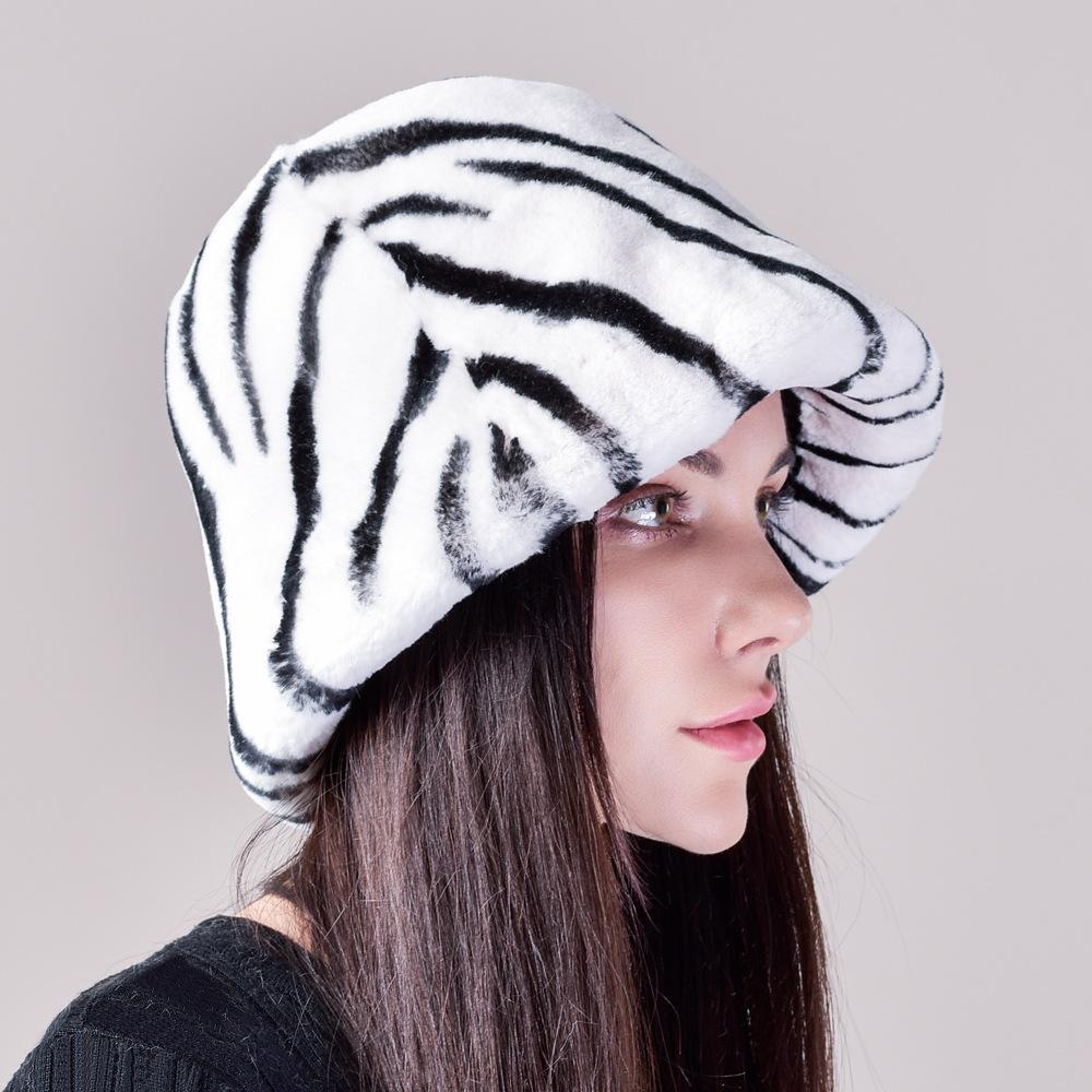 Rex Rabbit Hair Zebra Striped Bucket Hat Female Autumn and Winter Washbasin Hat Big Head Circumference Covering Face Fisherman Fur Hat