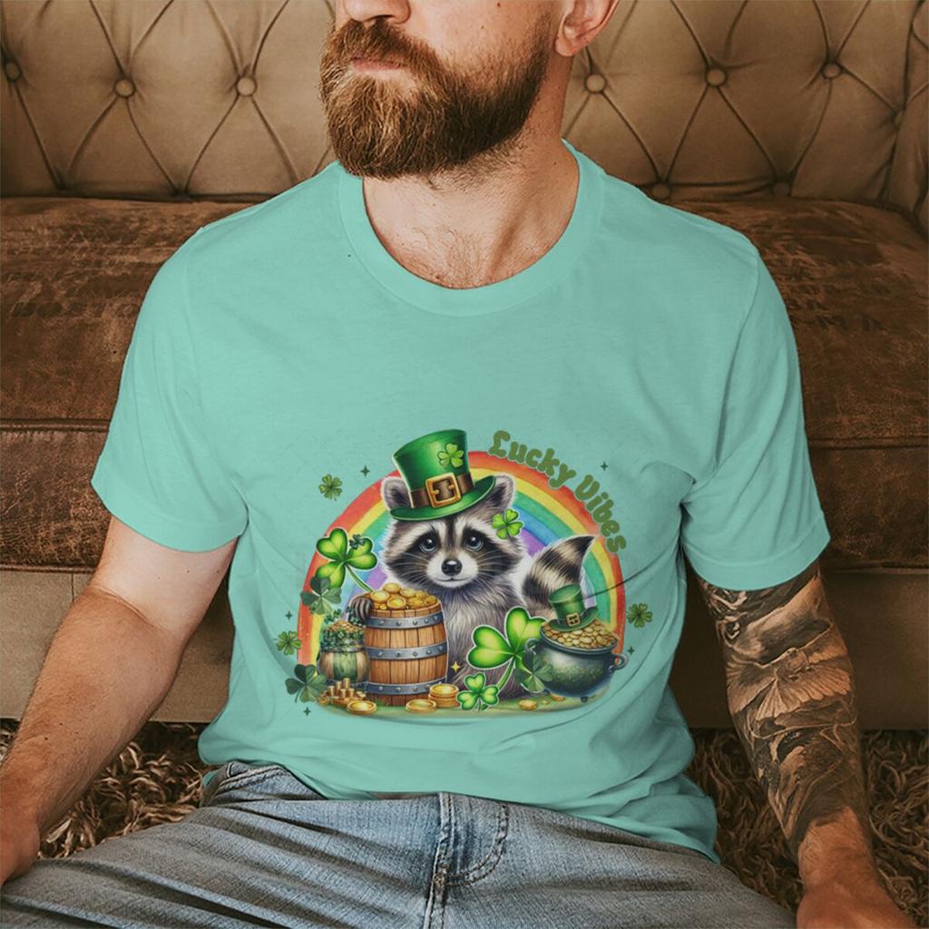 St Patricks Day Raccoon Shirt Lucky Vibes Short Sleeve Round Neck Tee Cartoon Lucky Raccoon St Patricks Day Unisex TShirt