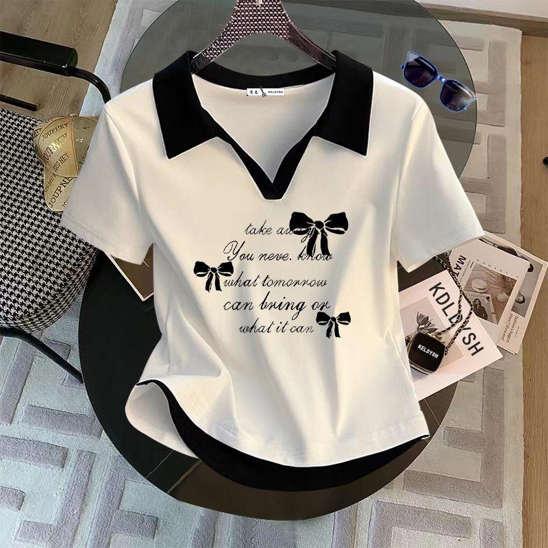 

Polo Collar Short Sleeve T-shirt Women s 2025 Summer New Arrival Fake Two-Piece Pure Cotton Print Shoulder Curved Short Tops Fashion White XL