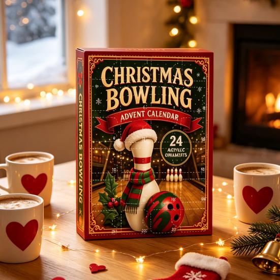 Christmas Countdown Gift Box Advent Calendar with 24 Acrylic Pendants, 2D Flat Bowling Theme Unique Gifts for Bowlers Hanging Ornaments Holiday
