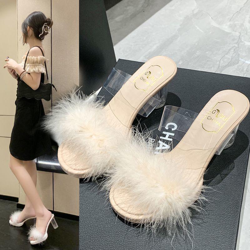 Transparent word with crystal heel thick heel sandals women's autumn new waterproof table Mao Mao slippers super high heels