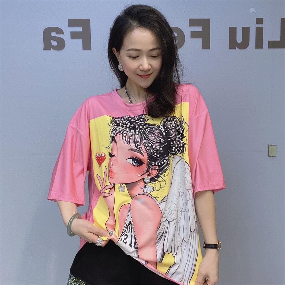 

Летние Свободные Футболки с Коротким Рукавом и Круглым Вырезом Женские с Мультяшным Принтом Девушки, Отделкой Стразами, Повседневные Женские Топы, Футболки, Женская Одежда one size розовый