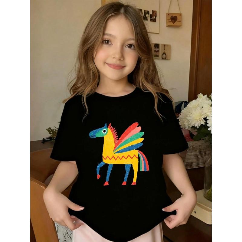 European sizes Cute Horse Image Printed Design, Summer Casual Fashion Girls' Comfortable Top