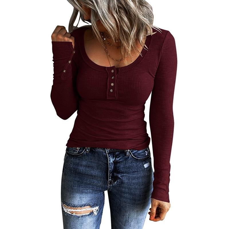Autumn Women's Button Vest Color V-neck Fashion Long Sleeved T-shirt Top