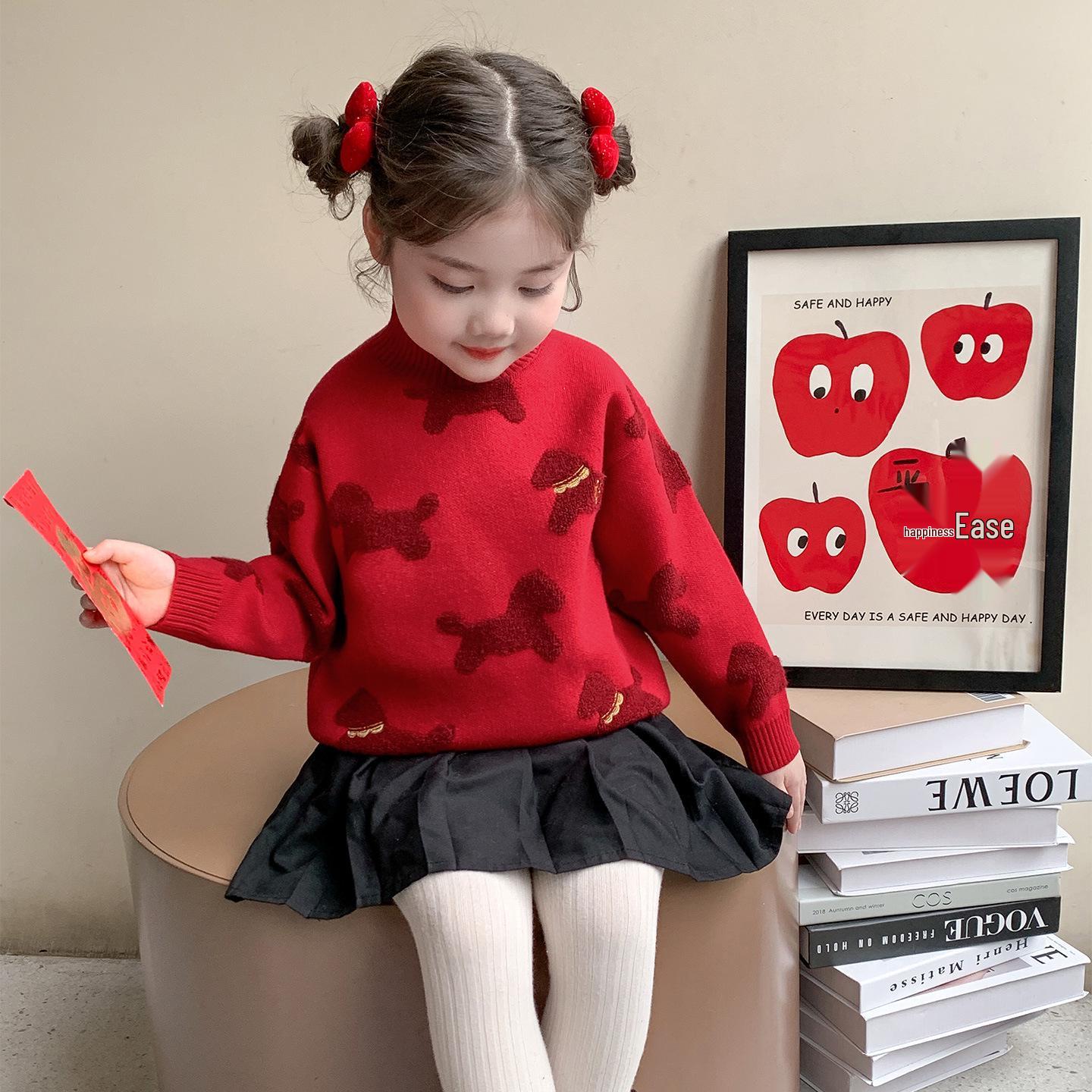 Девочковый красный вязаный свитер с мультяшным принтом 2025 - Уютный и стильный осенне-зимний топ 90 cm