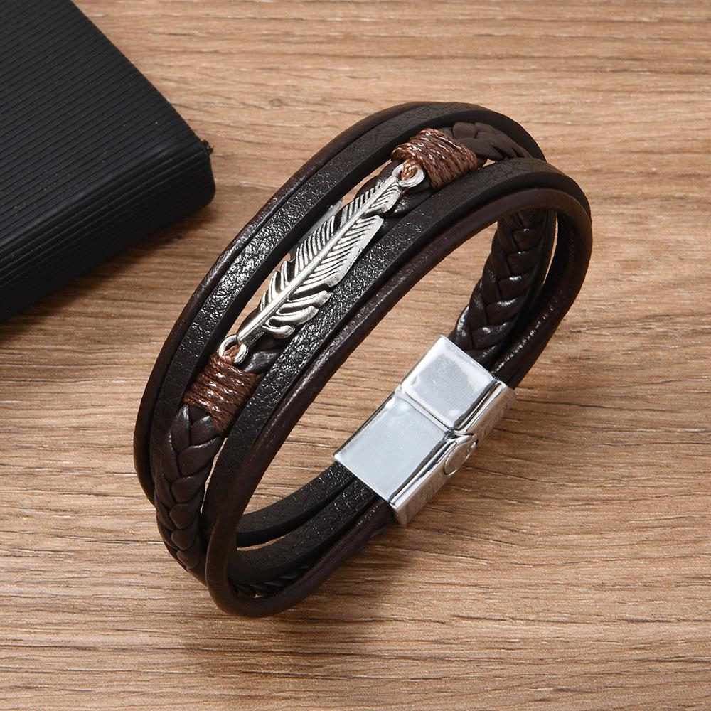 

European & American Retro Style Zinc Alloy Leaf Multi-Layer Men s Leather Bracelet колір темно кави