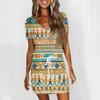 Women's Fashion Casual V-Neck Short Sleeve Drawstring Sequin Printed Dresses