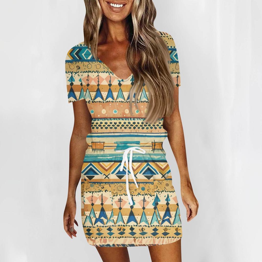 Women's Fashion Casual V-Neck Short Sleeve Drawstring Sequin Printed Dresses
