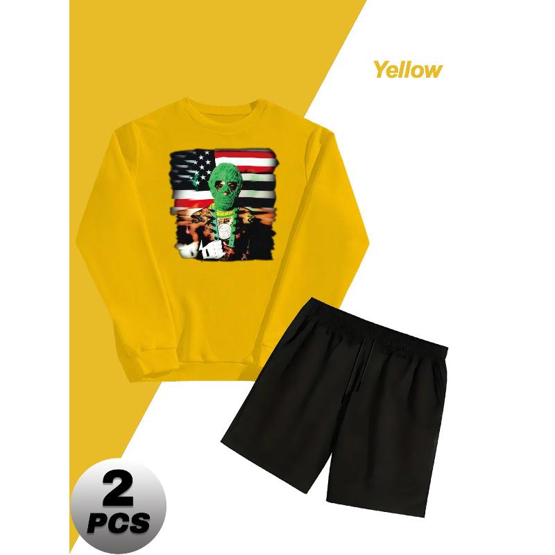 Men s Crew Neck Sweatshirt and Shorts Polyester 2 Piece Tracksuit Wrinkle Free Casual XXL жёлтый