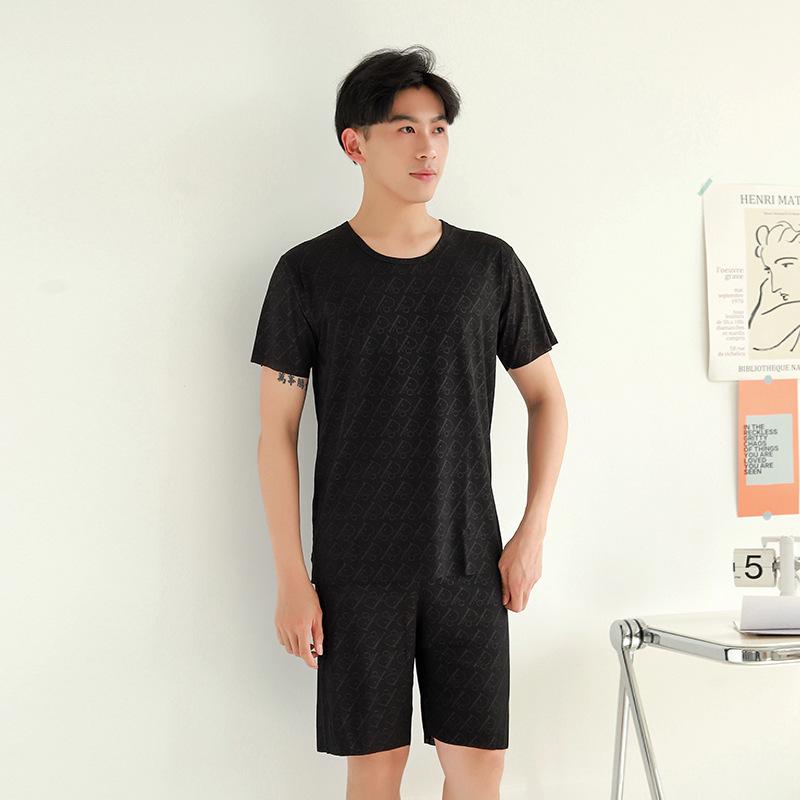 Men's Ice Silk Short Sleeve Pajama Set with Round Neck, Ribbed Shorts, and Versatile T-shirt for Indoors and Outdoors