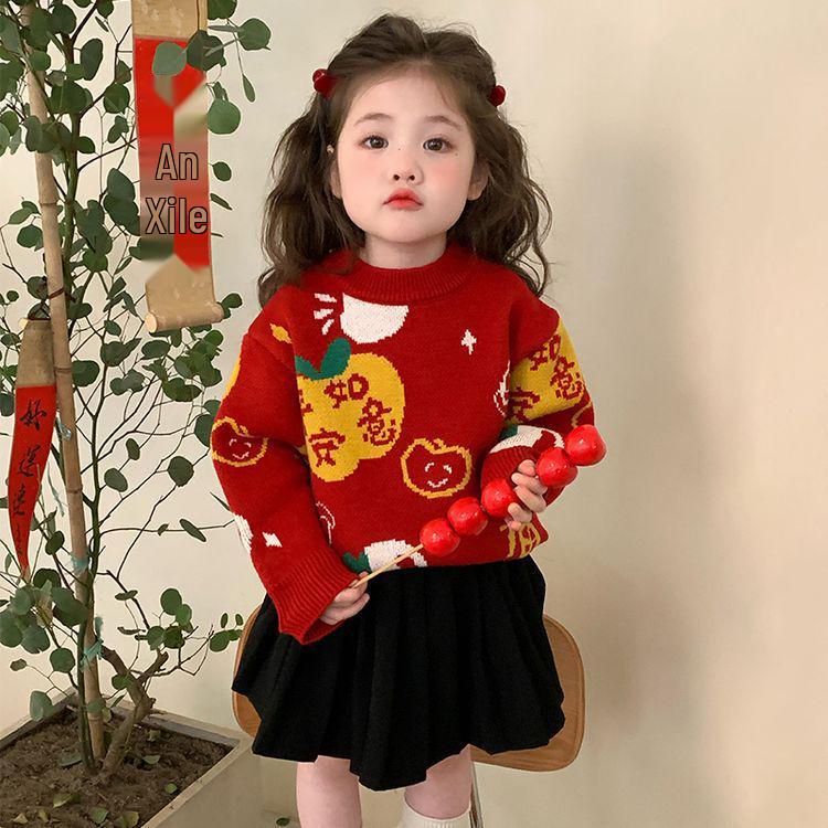 

Meng Tang Tang Girls Cartoon Sweater - Winter Knitwear for Kids, New Year Baby Outfit, Autumn/Winter Base Layer 120cm червоний