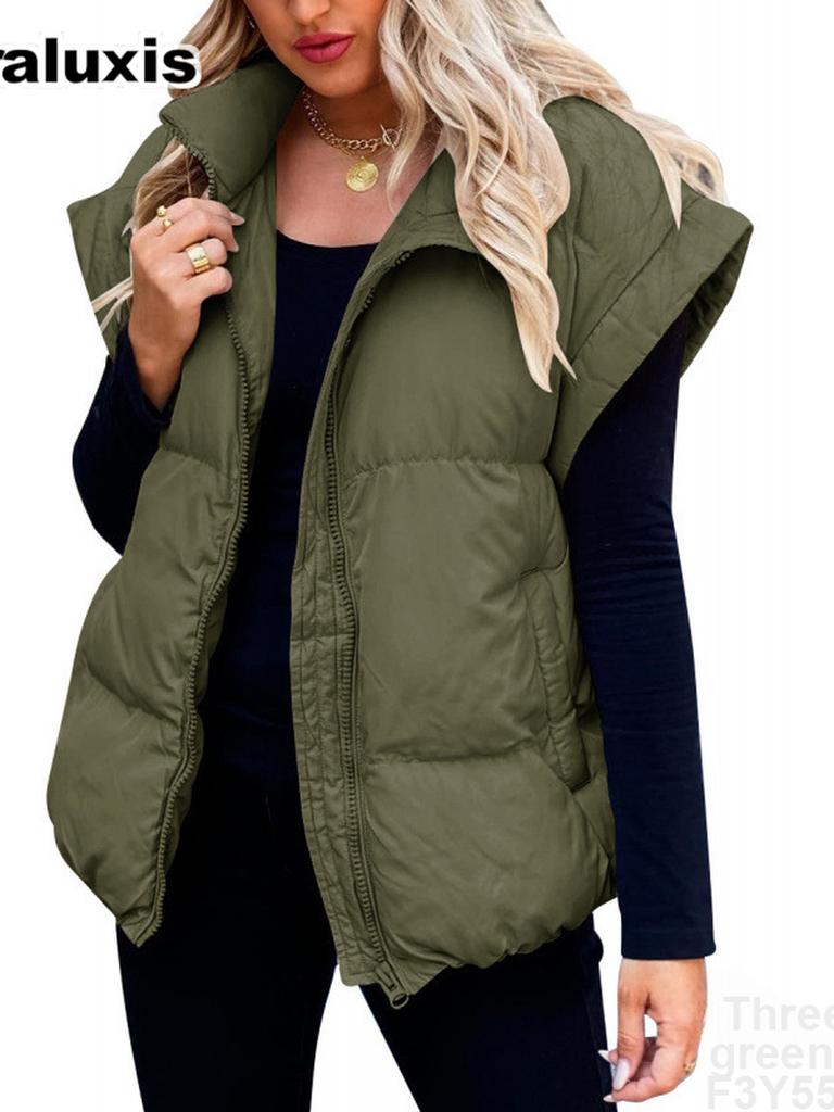 New Women's Solid Zipper Pockets Cotton Jacket Vest Slim Fit Stylish Personality Commute Coat