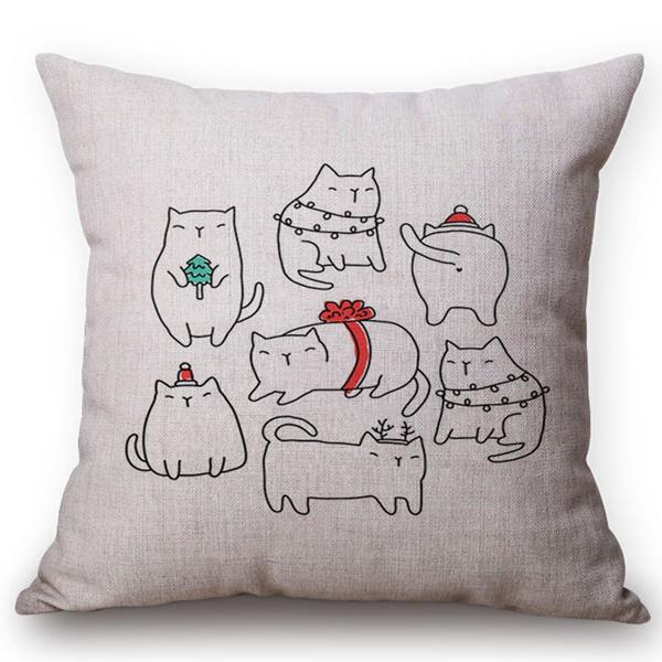 Christmas Decoration Cushion Cover Painting Cats Cute Throw Pillow Case Cotton Linen Home Decor Children'S Room New Year Gift