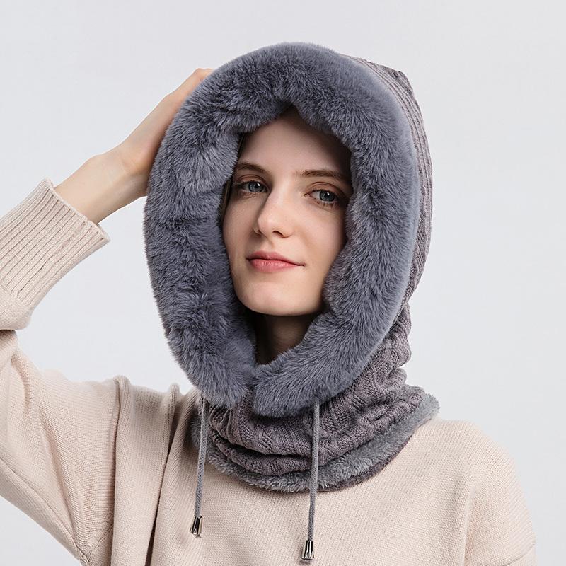 WTEMPO Ear Protection Windproof Casual Versatile Plush Pullover Hats Solid Color Women's Fleece Thick Inner Lining Knitted Mask Hats
