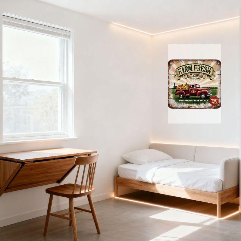 Vintage Rustic Farm Fresh Metal Sign with Red Pickup Truck, Fruits & Vegetables for Countryside Home Decor, Farmhouse Kitchen Wa