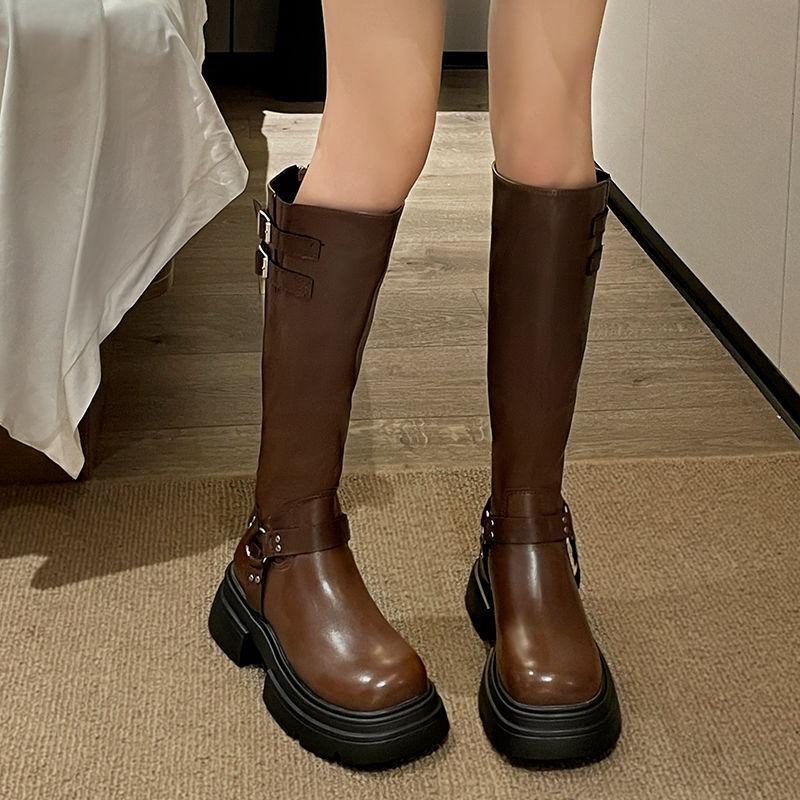 Black Square Heel Motorcycle Boots Retro Brown Belt Buckle Round Head Women's Boots Platform Rear Zipper Non-slip Women Shoes