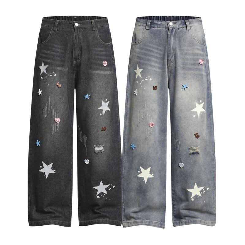 American Vintage Washed Distressed Jeans Loose Wide Leg 3D Buttons Unisex Casual Pants Teens