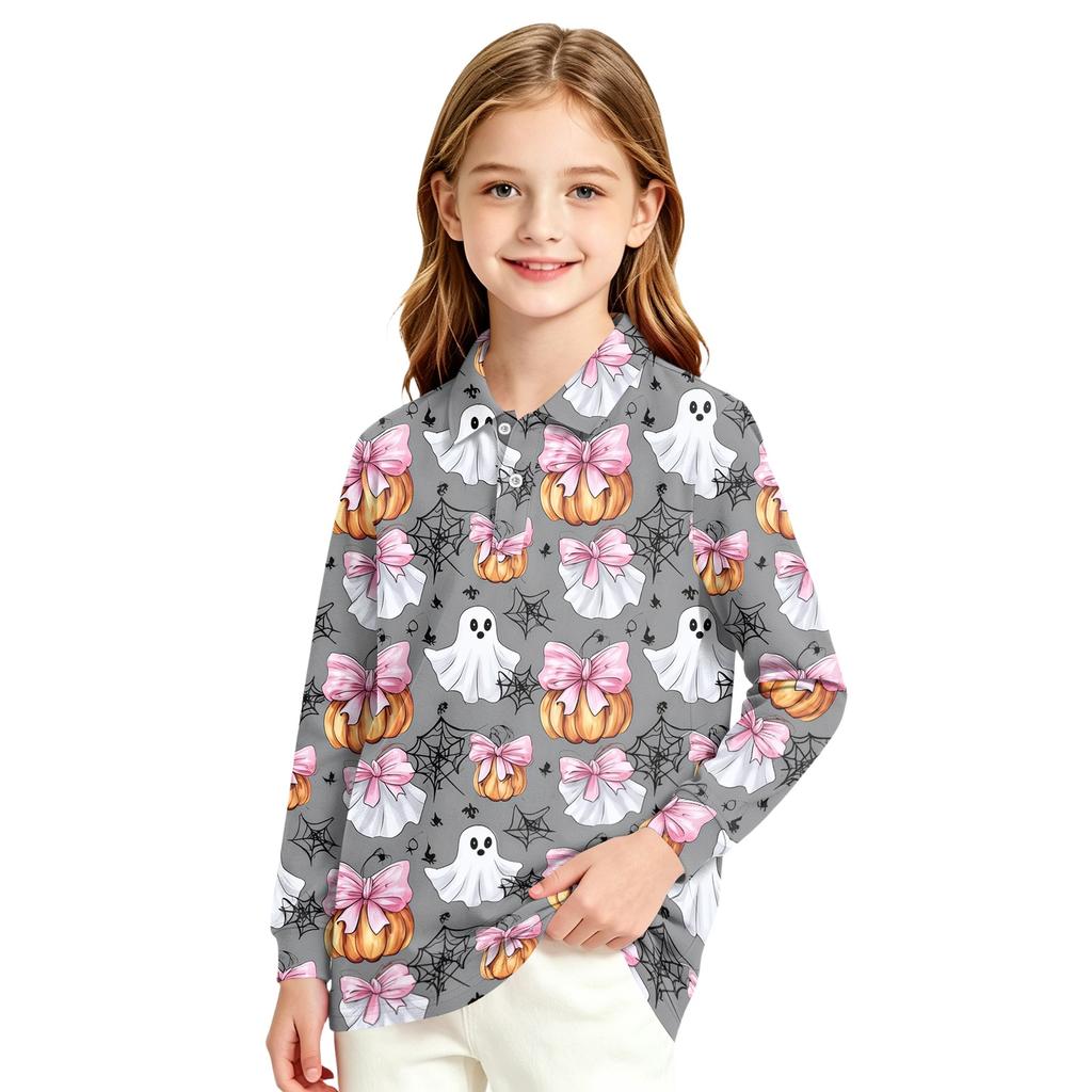Girls School Uniform Top with Halloween Print Long Sleeve Casual Blouse for Daily Wear