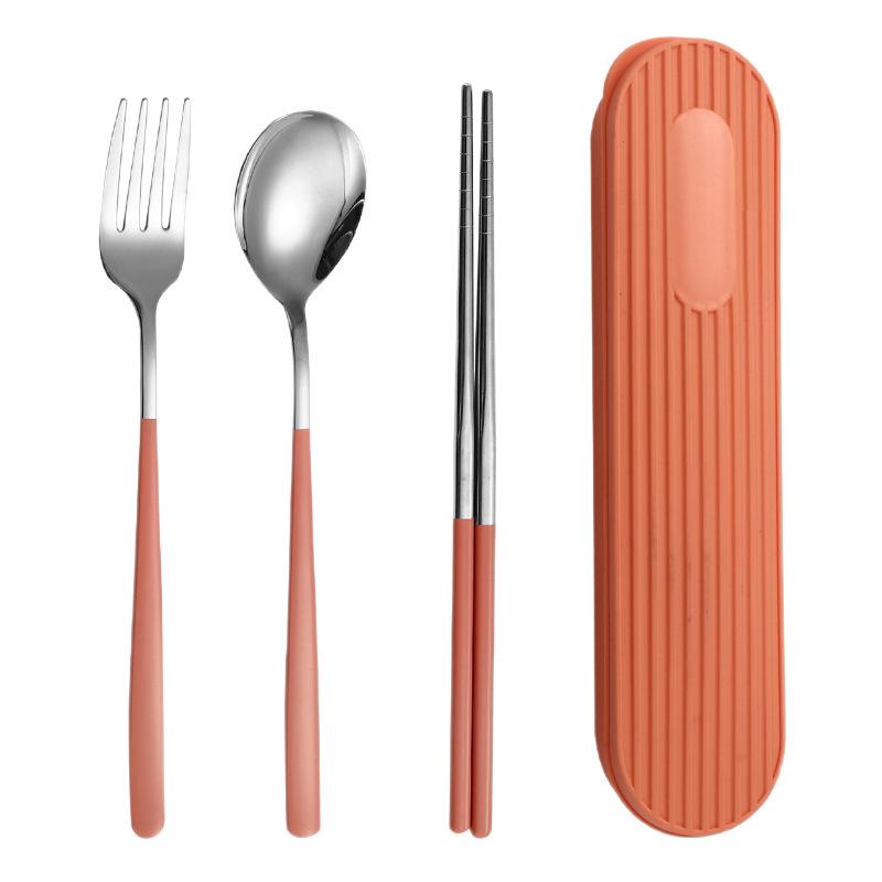 Set di Posate in Acciaio Inossidabile 304: Forchetta, Cucchiaio, Bacchette con Scatola a Strisce Verticali per Viaggio, Campeggio, Uso Studentesco