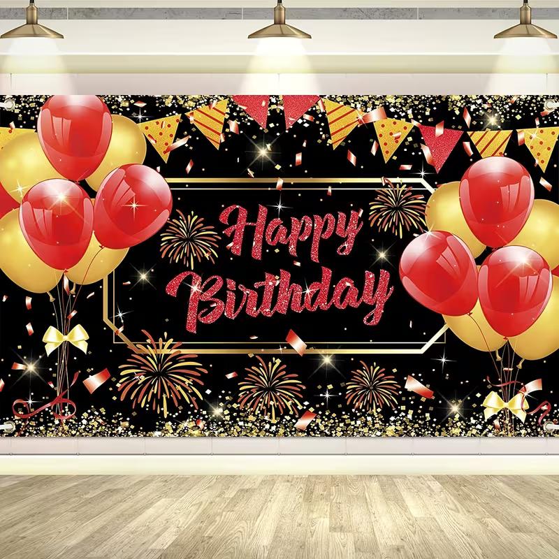 

2D Happy Birthday Photography Backdrop with Red Gold Balloons, Fireworks & Confetti Banner 47.2x31.5inch/120*80cm