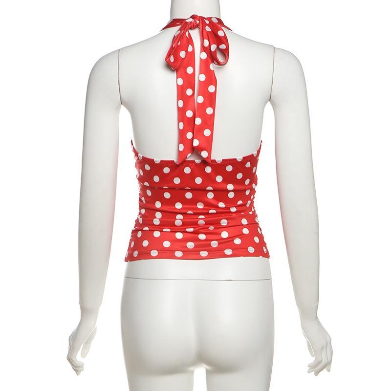 New Polka Dots Halter Neck Tank Tops Women Sexy Low-Neck Vest Slim Fit Off Shoulders Backless Short Tops Street Fashion Sexy Ruched Elegant Outfits
