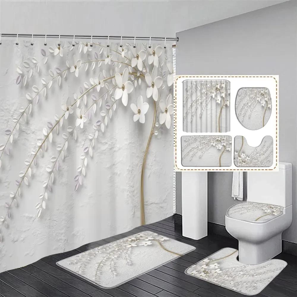Elegant Bouquet Of Fantastic White Flowers 3D Style Shower Curtain Bathroom Curtain With Bath Rug Carpet Set Floral Home Decor
