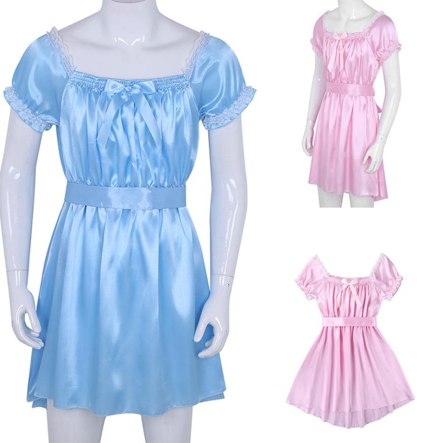 Mens Short Sleeve Square Neckline Shiny Soft Satin High Low Design Crossdress Lingerie Dress with Sash Nightwear Underwear