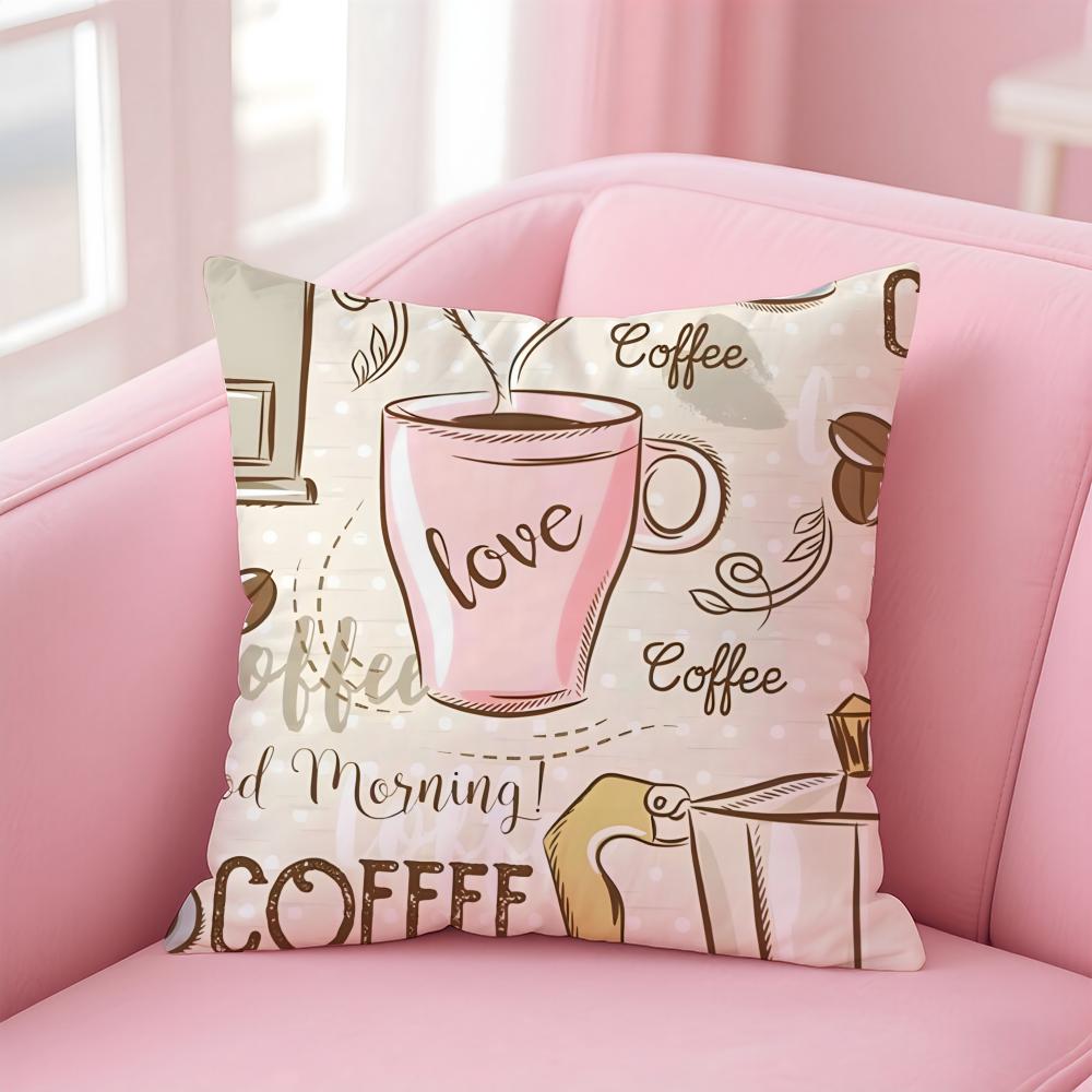 Cute Coffees Style Printed Patterns Cushion Cover Pillowcase Short Plush Invisible Zipper Room Sofa Cushion Cover