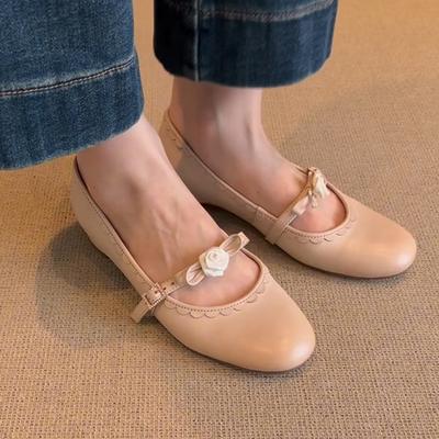 Sheepskin~ French Retro Leather Shoes Round Head Single Shoes Women's Word with Bow Flower Shallow Mouth Mary Jane Shoes