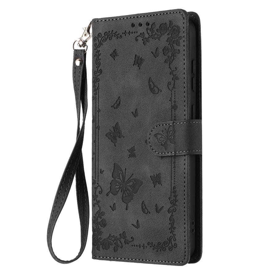 Retro Embossed Flower and Butterfly Phone Case for iPhone 17 16 15 Skin Feel PU Leather Card Slots Wallet Case with Wristband for Samsung S25 S24 S23