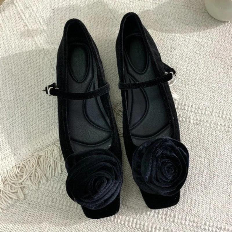 High Quality Velvet Mary Jane Shoes for Women Elegant Flower Decoration Retro Square Toe Daily Casual  Female Shoes