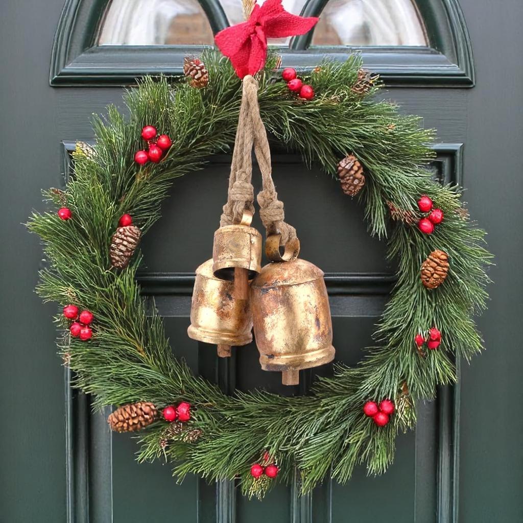 Set of 3 Large Rustic Iron Hanging Bells for Farmhouse Decor Cow Bell 2.5", 4.5", 5.5", Vintage Gold Christmas Ornaments with Jute Rope for Crafts