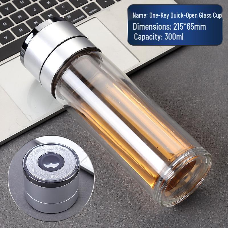 High Borosilicate Double-Layer Glass Tea Cup with Quick-Open Button and Custom Logo 300ml