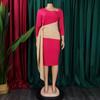 Large Size Women Fashion Patchwork Mid Sleeves Business Dress Ladies Elegant One Piece Skew Collar Sheath Dress