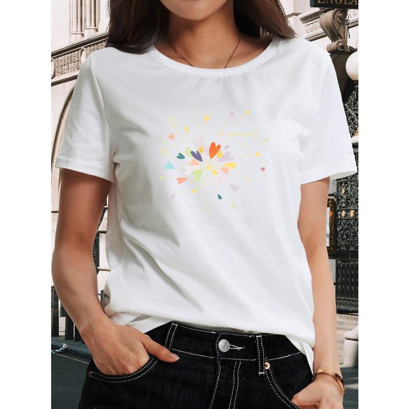 European Size Women's Heart-shaped Short-sleeved T-shirt - Heart and Flower Shaped Print Crew Neck T-shirt,Machine Washable,Comfortable All-season Top