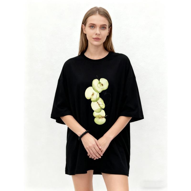 Oversized T Shirt Black Apple Slices Print Casual Everyday Wear