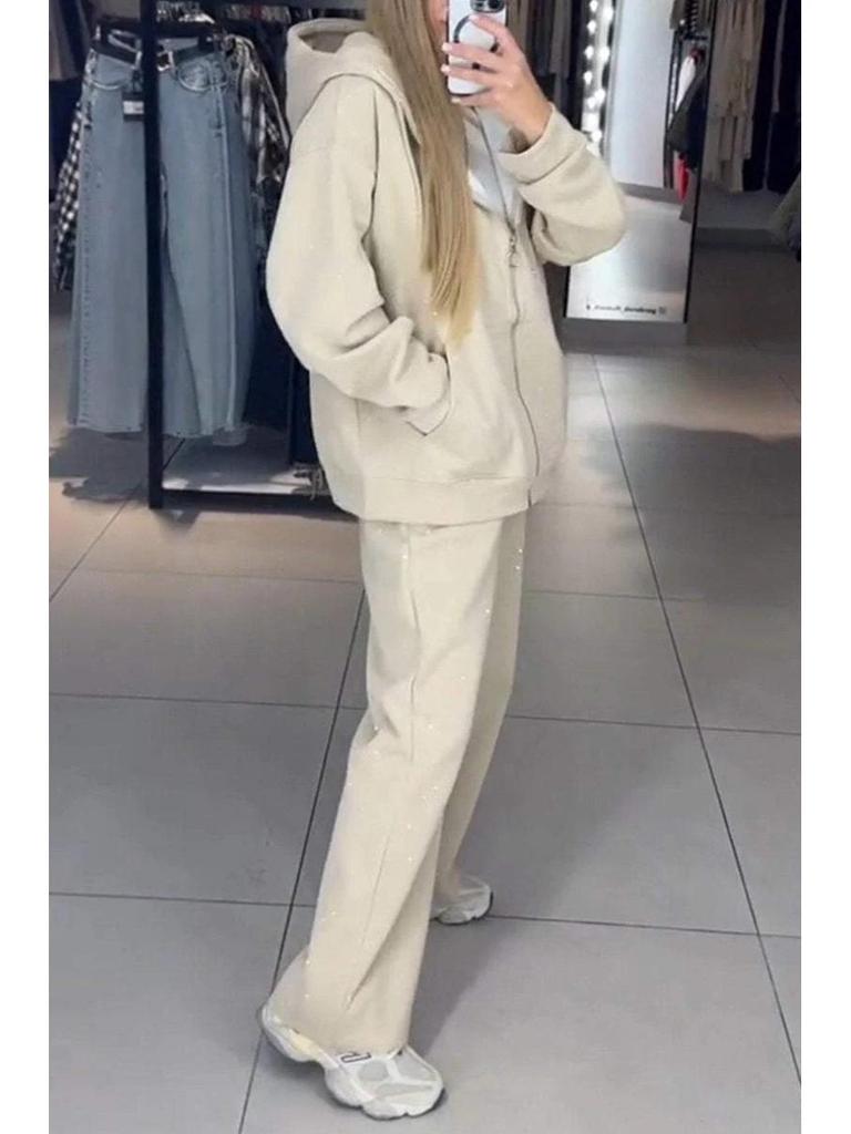 Europejski i Amerykański Zestaw Dwuczęściowy: Bluza z Kapturem i Szerokie Spodnie - Damski Casualowy Zestaw Sportowy na Jesień/Zimę z Zamkiem Błyskawicznym i Pełnym Detalingiem z Kryształków
