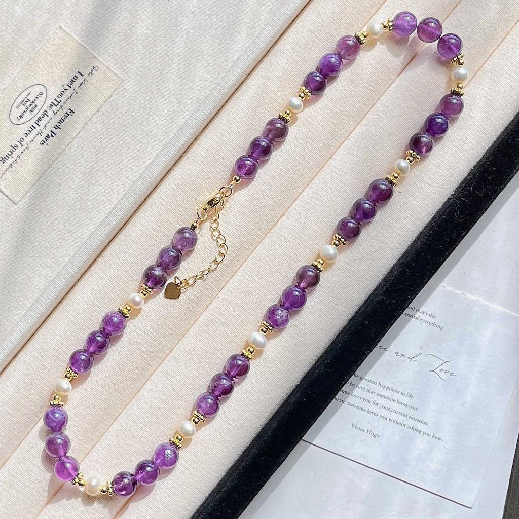 8Mm Autumn And Winter Natural Freshwater Pearl Amethyst Sweater Chain Necklace Collarbone Chain