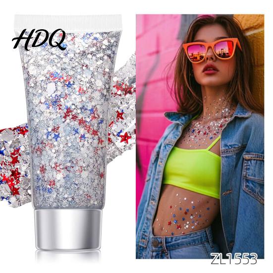 High Shine Face Gel Independence Day Body Glitter Gel Patriotic Red White Blue Hair Glitter Holiday Makeup Waterproof Sparkling Sequins for
