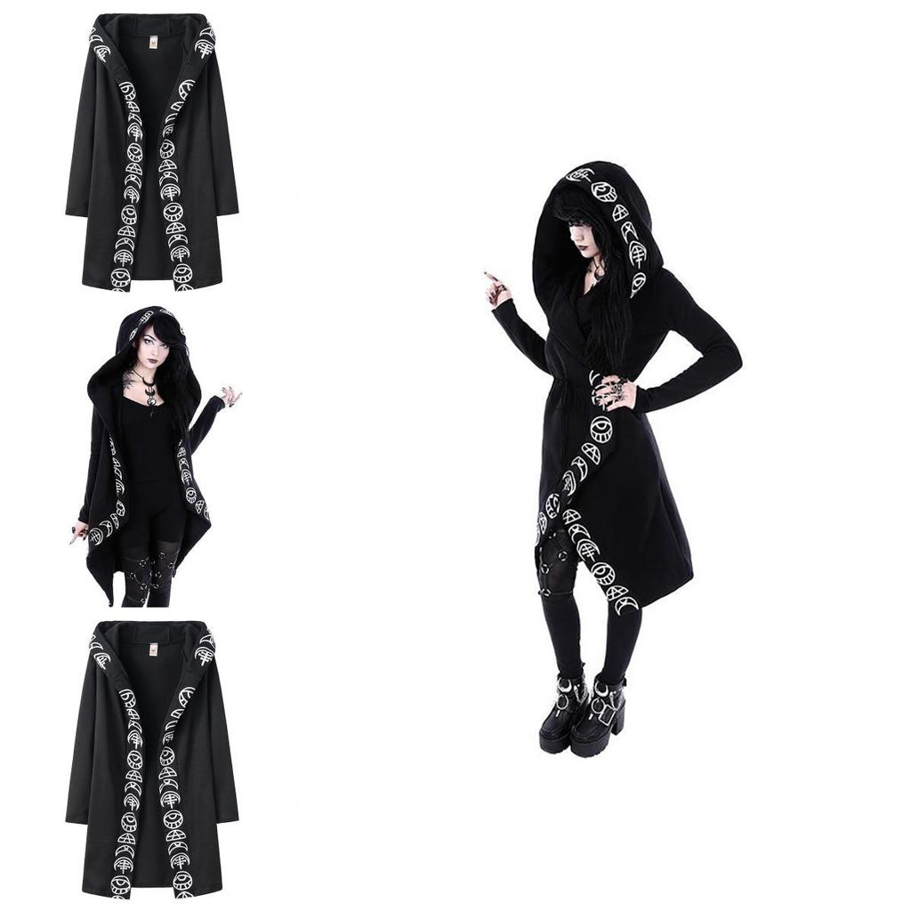 Gothic Women Moon Printed Cardigan Long Sleeve Hooded Coat Black Fashion Top For Casual Wear