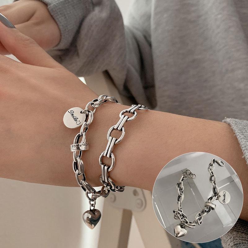 Korean Style S925 Silver Plated Retro Graffiti Patchwork Bangle - Women's Hip Hop Fashion Trend Bracelet