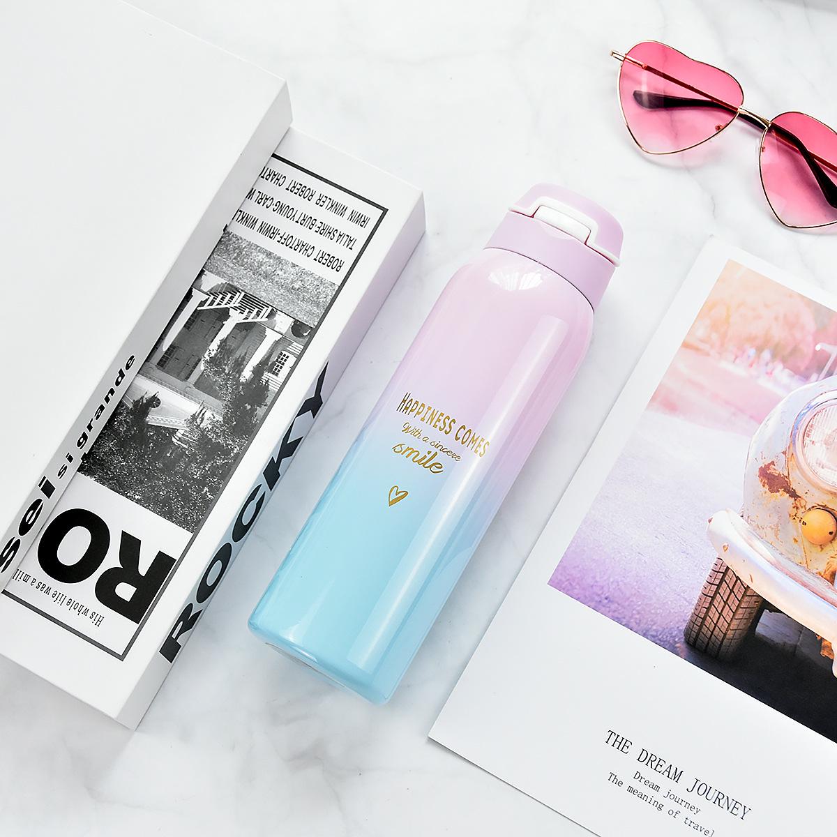 

Изолированные термосы на 480 мл, спортивный велосипедный термос, портативный термос с веревкой, соломенная бутылка для воды 480ml розовый